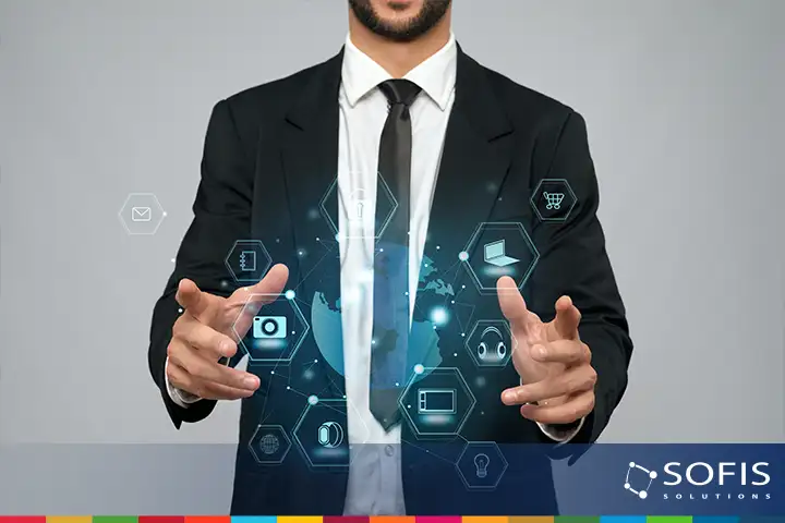 Pessoa com ícones de tecnologia à volta